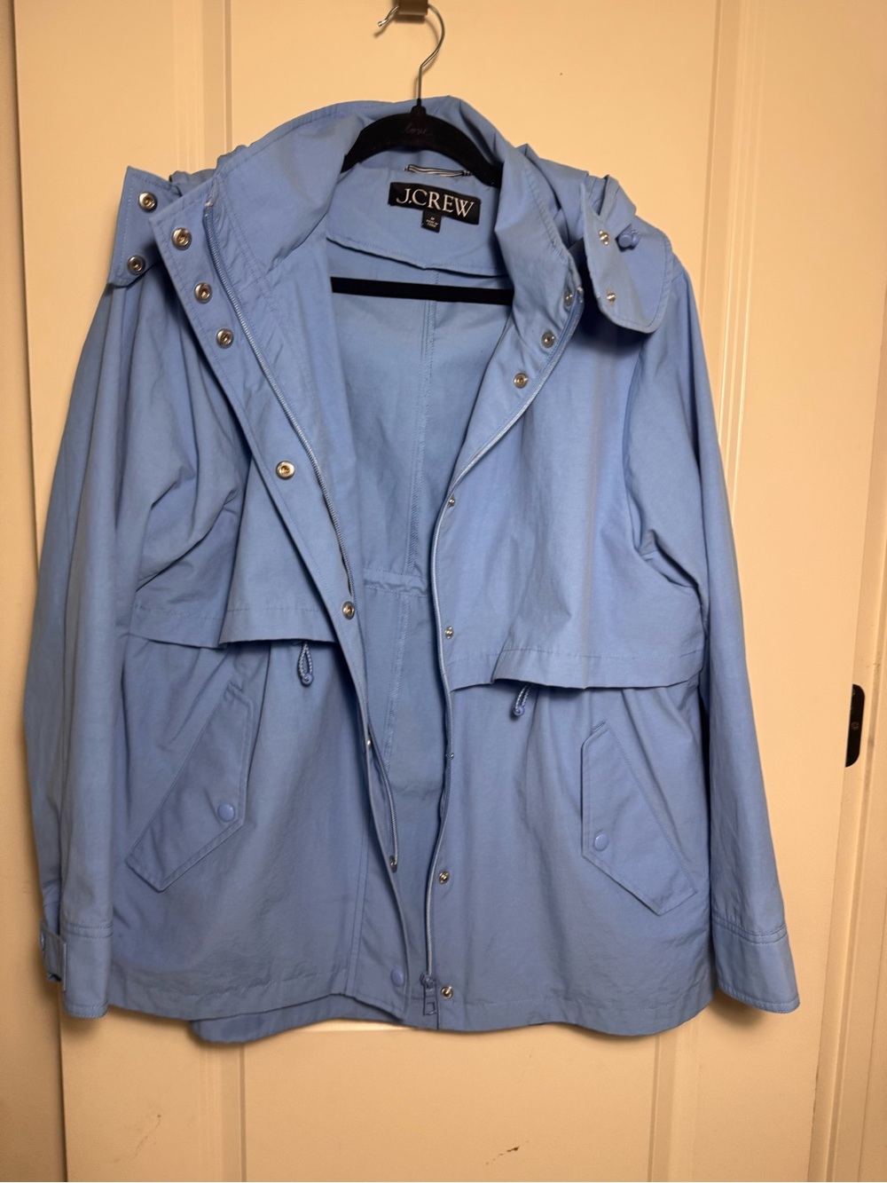 J.Crew Re-Imagined Women’s Blue Hooded Rain Coat Snap/Zip Mid-Length M - Picture 9 of 15